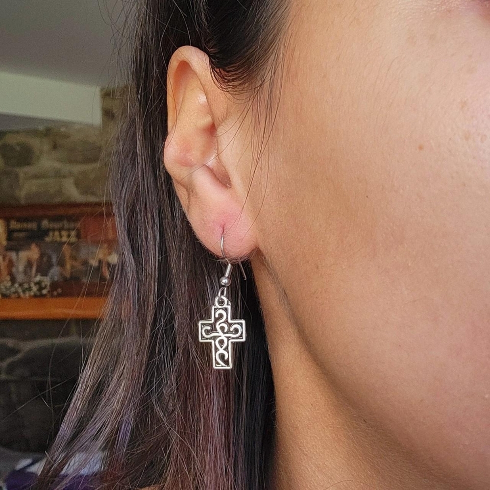 Pair of Silver Simple Classic Cross Hook Drop Earrings